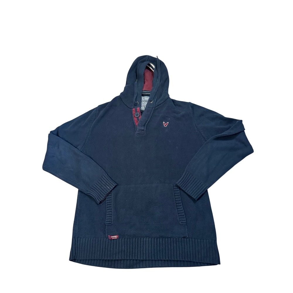 Diesel Jeans Mens Navy Blue Knit Hoodie Sweater XXL Eagle Logo Henley Pullover